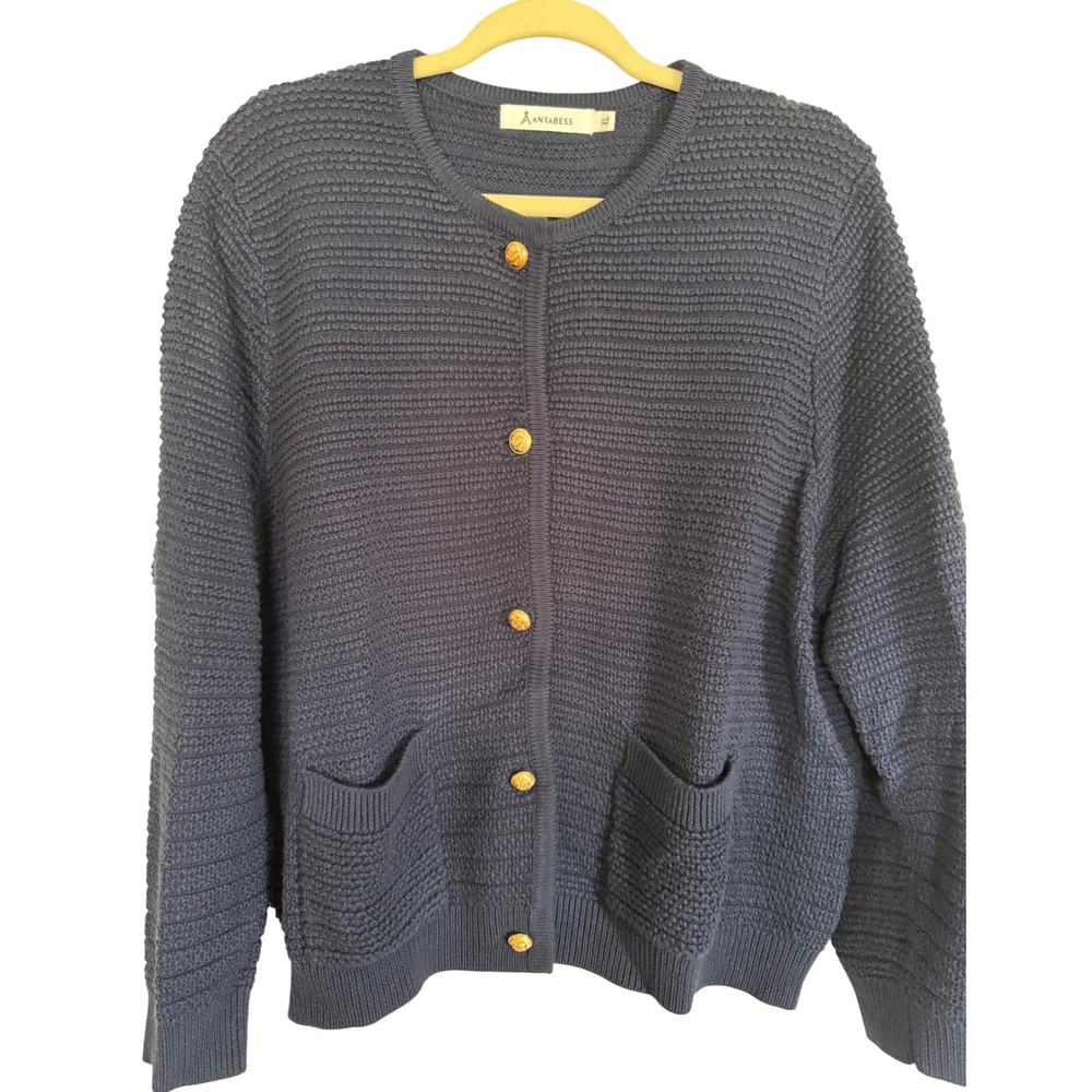 Anrabess Womens Cardigan Sweater XL Navy Blue Knit Gold Button Pockets